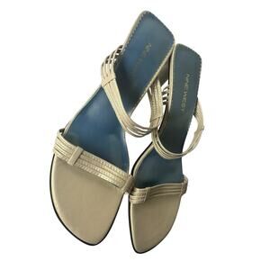 Y2K 90s Slinky Nine West Kitten Heels Icy Blue 3” Slip On Women 8.5 Cream Sandal